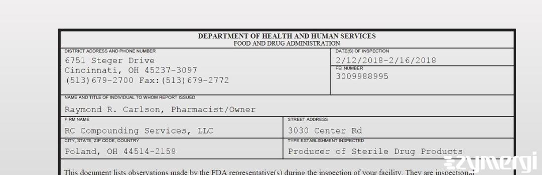 FDANews 483 RC Compounding Services, LLC Feb 16 2018 top