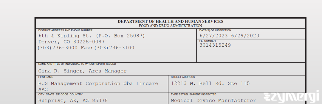 FDANews 483 RCS Management Corporation dba Lincare AAC Jun 29 2023 top