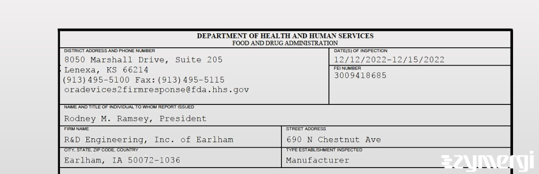 FDANews 483 R&D Engineering, Inc. of Earlham Dec 15 2022 top