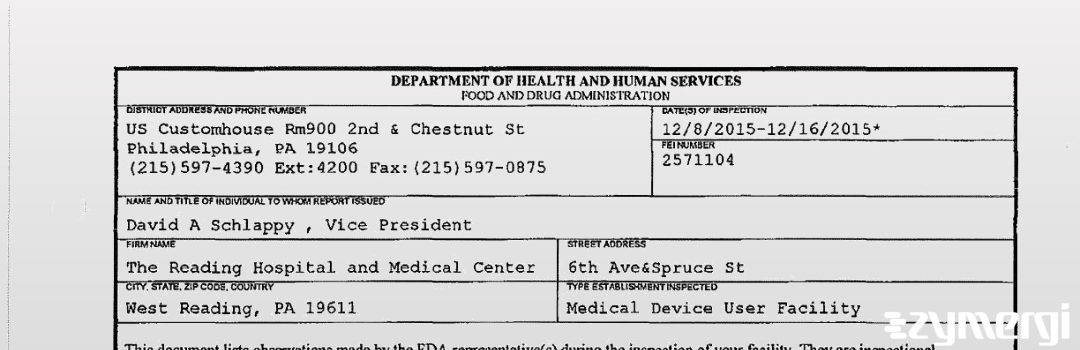 FDANews 483 Reading Hospital Dec 16 2015 top