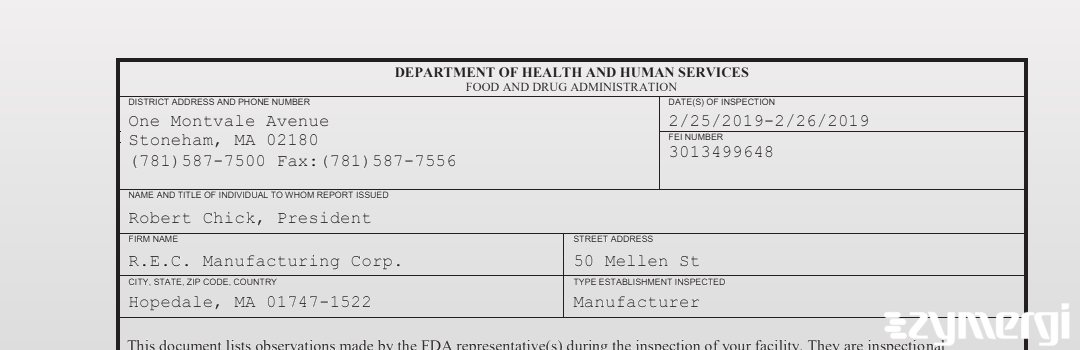 FDANews 483 R.E.C. Manufacturing Corp. Feb 26 2019 top