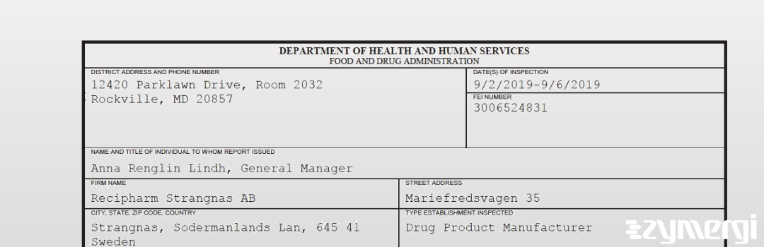 FDANews 483 Recipharm Strangnas AB Sep 6 2019 top