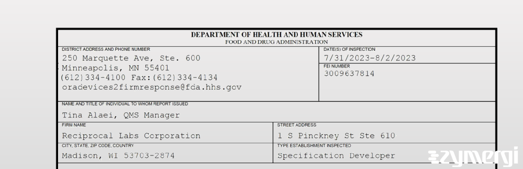 FDANews 483 Reciprocal Labs Corporation Aug 2 2023 top