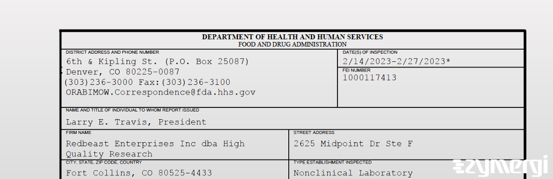 FDANews 483 Redbeast Enterprises Inc dba High Quality Research Feb 27 2023 top