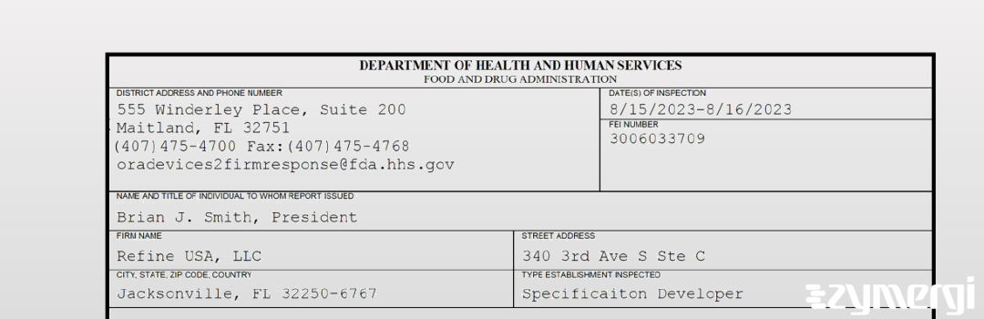 FDANews 483 Refine USA, LLC Aug 16 2023 top