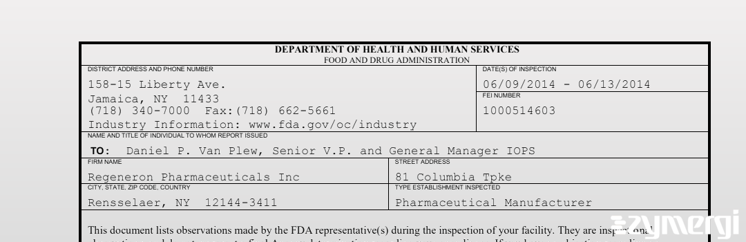 FDANews 483 Regeneron Pharmaceuticals Inc Jun 13 2014 top