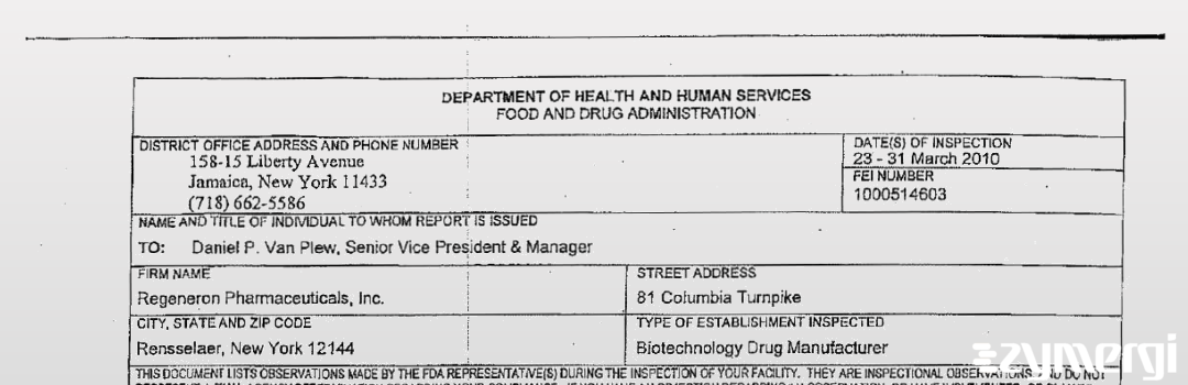 FDANews 483 Regeneron Pharmaceuticals Inc Mar 31 2010 top