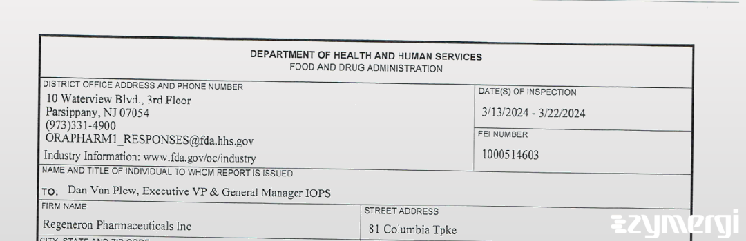 FDANews 483 Regeneron Pharmaceuticals Inc Mar 22 2024 top