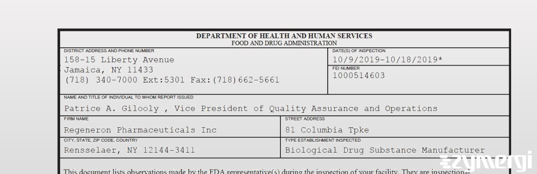 FDANews 483 Regeneron Pharmaceuticals Inc Oct 18 2019 top