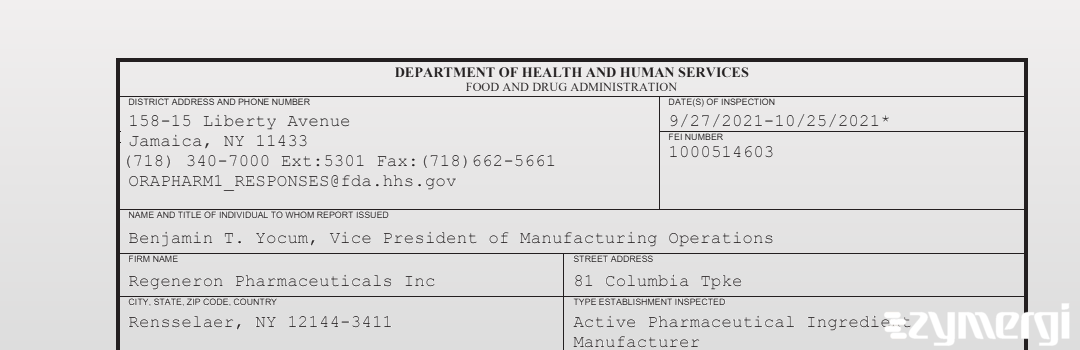 FDANews 483 Regeneron Pharmaceuticals Inc Oct 25 2021 top