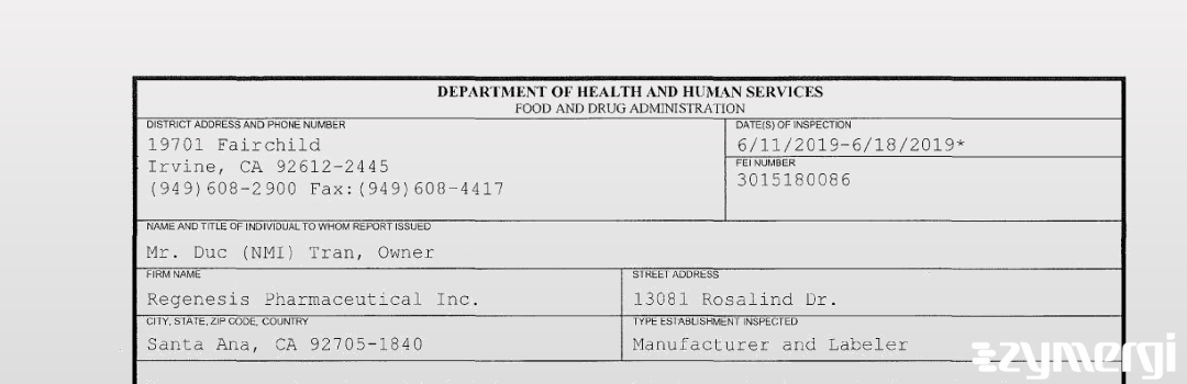 FDANews 483 Regenesis Pharmaceutical Inc. Jun 18 2019 top