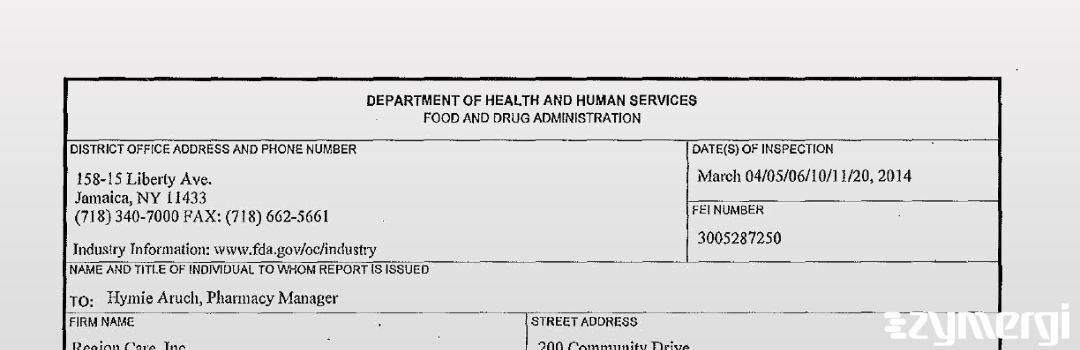 FDANews 483 Region Care, Inc. Mar 20 2014 top