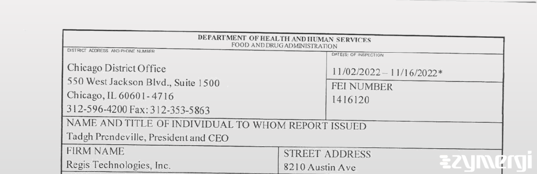 FDANews 483 Regis Technologies, Inc. Nov 16 2022 top