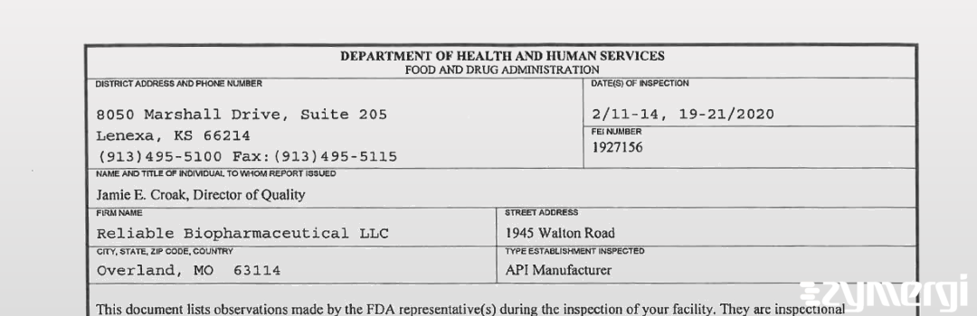 FDANews 483 Reliable BiopharmaceuticalLLC Feb 21 2020 top