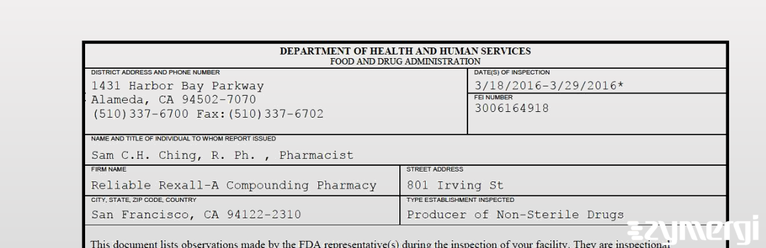 FDANews 483 Reliable Rexall-A Compounding Pharmacy Mar 29 2016 top