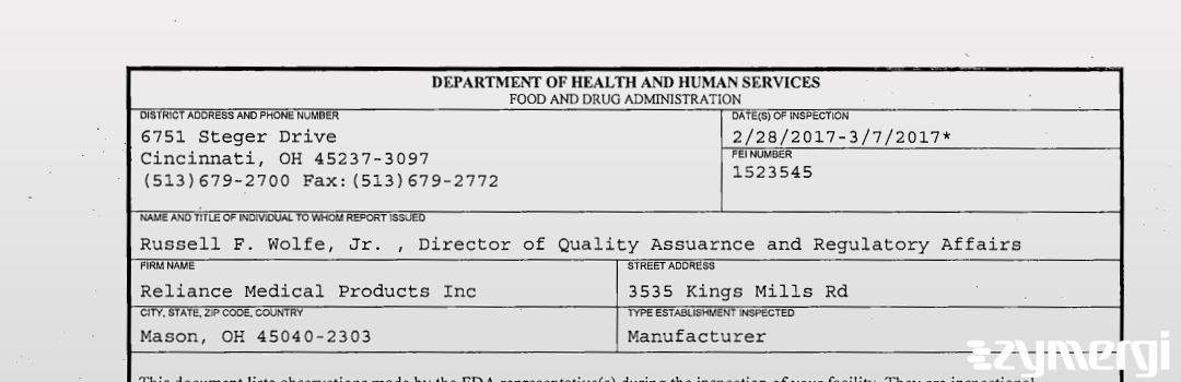 FDANews 483 Reliance Medical Products Inc Mar 7 2017 top