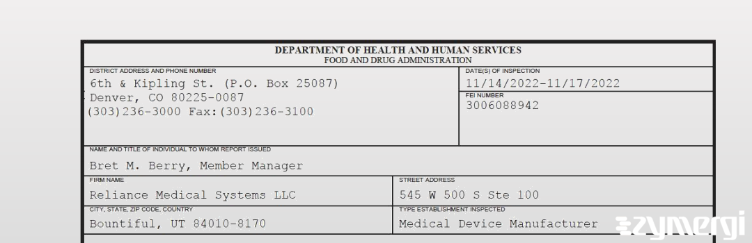 FDANews 483 Reliance Medical Systems LLC Nov 17 2022 top