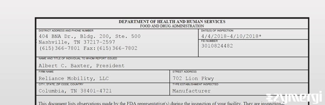 FDANews 483 Reliance Mobility, LLC Apr 10 2018 top