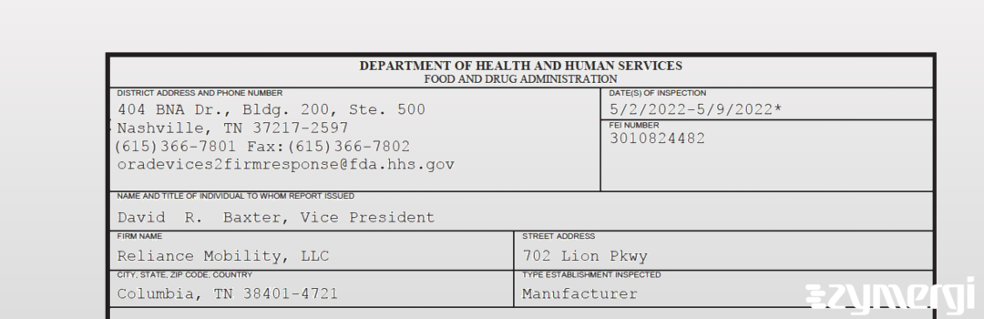 FDANews 483 Reliance Mobility, LLC May 9 2022 top