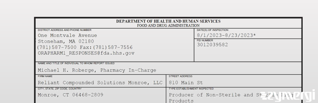 FDANews 483 Reliant Compounded Solutions Monroe, LLC Aug 23 2023 top