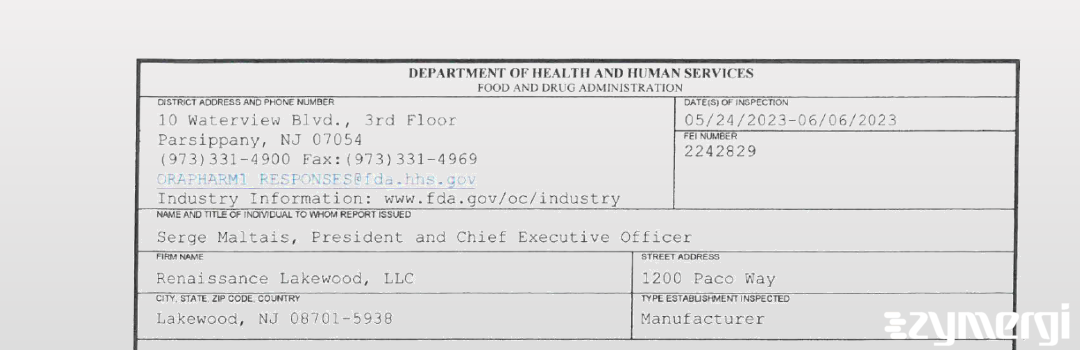 FDANews 483 Renaissance Lakewood, LLC Jun 6 2023 top