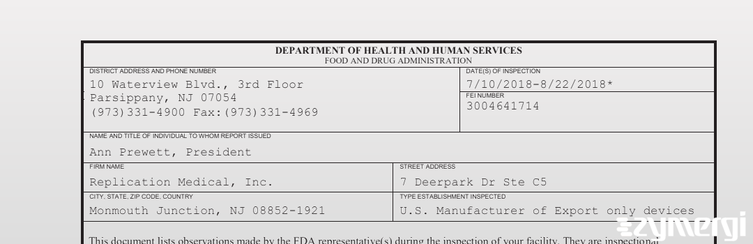 FDANews 483 Replication Medical, Inc. Aug 22 2018 top