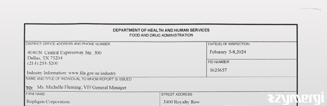 FDANews 483 Repligen Corporation Feb 8 2024 top