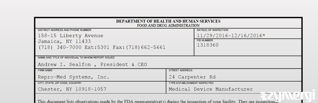 FDANews 483 Repro-Med Systems, Inc. Dec 16 2016 top