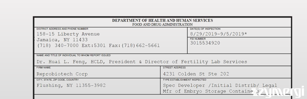 FDANews 483 Reprobiotech Corp Sep 5 2019 top