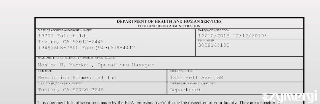 FDANews 483 Resolution Biomedical Inc Dec 12 2019 top