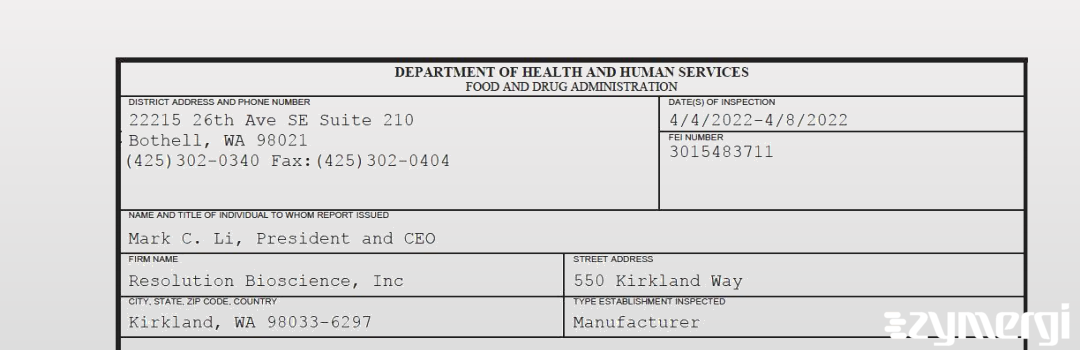 FDANews 483 Resolution Bioscience, Inc Apr 8 2022 top