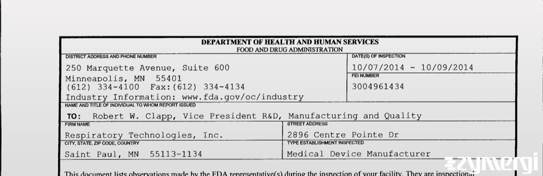 FDANews 483 Respiratory Technologies, Inc. Oct 9 2014 top