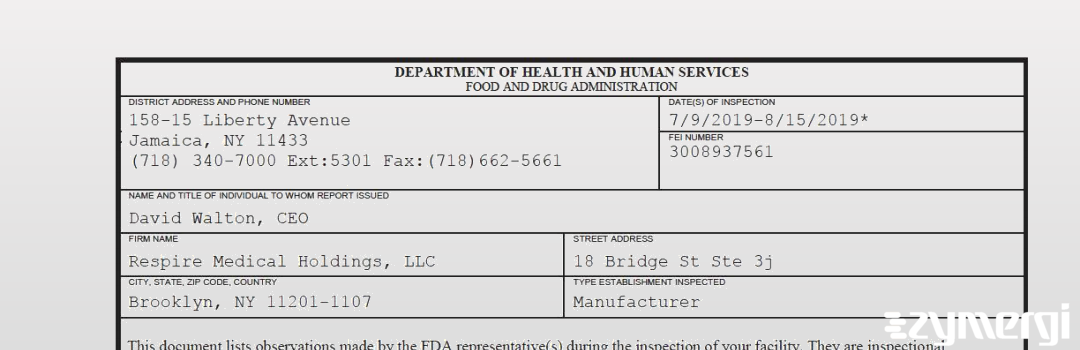 FDANews 483 Respire Medical Holdings, LLC Aug 15 2019 top