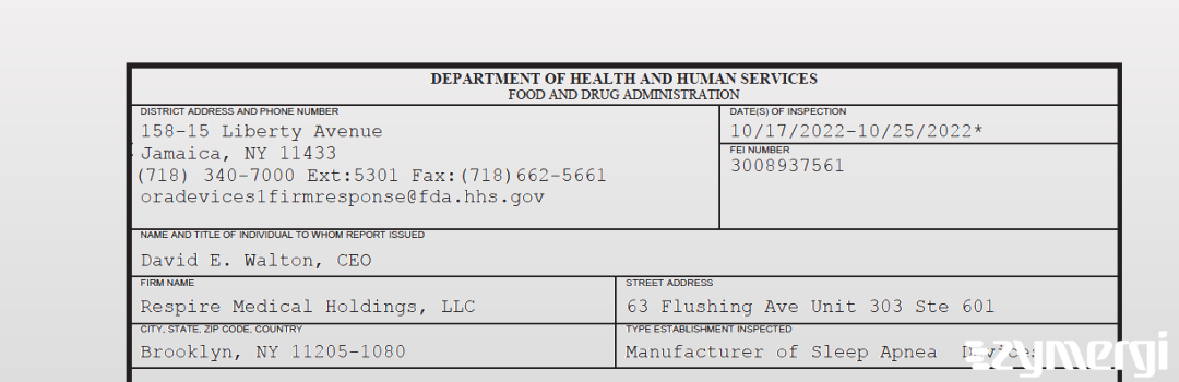 FDANews 483 Respire Medical Holdings, LLC Oct 25 2022 top