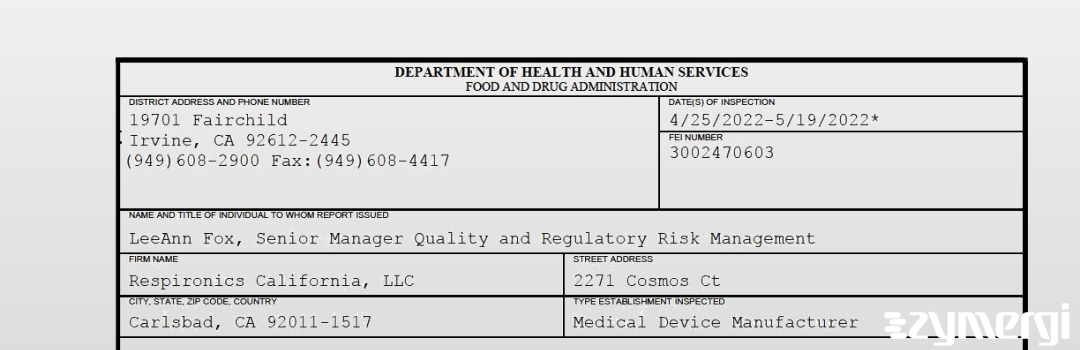 FDANews 483 Respironics California, LLC May 19 2022 top