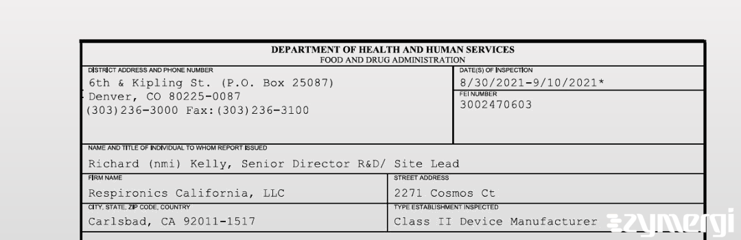 FDANews 483 Respironics California, LLC Sep 10 2021 top