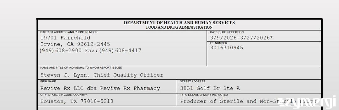 FDANews 483 Revive Rx LLC dba Revive Rx Pharmacy Mar 27 2026 top