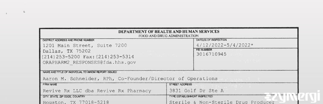 FDANews 483 Revive Rx LLC dba Revive Rx Pharmacy May 4 2022 top