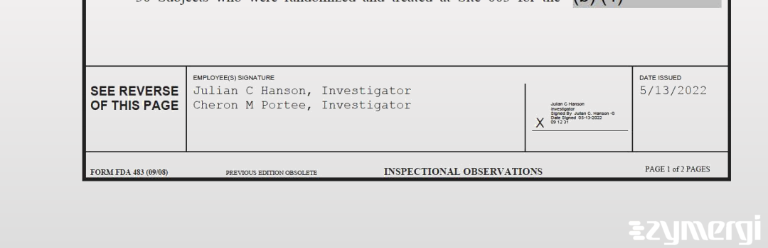 Julian C. Hanson FDA Investigator Cheron M. Portee FDA Investigator 