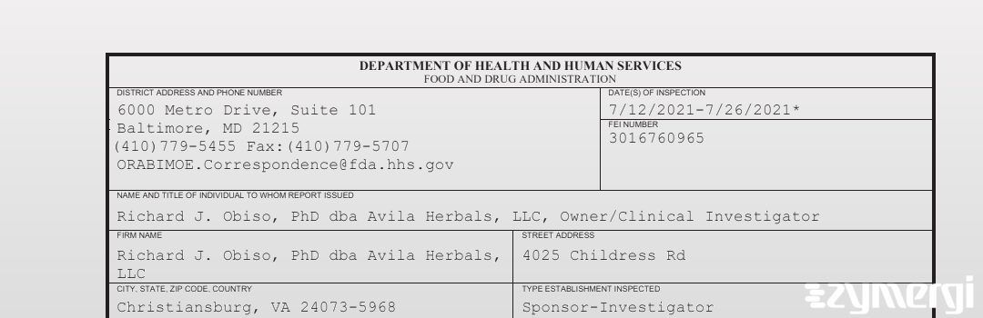 FDANews 483 Richard J. Obiso, PhD dba Avila Herbals, LLC Jul 26 2021 top