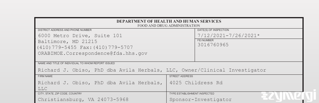 FDANews 483 Richard J. Obiso, PhD dba Avila Herbals, LLC Jul 26 2021 top