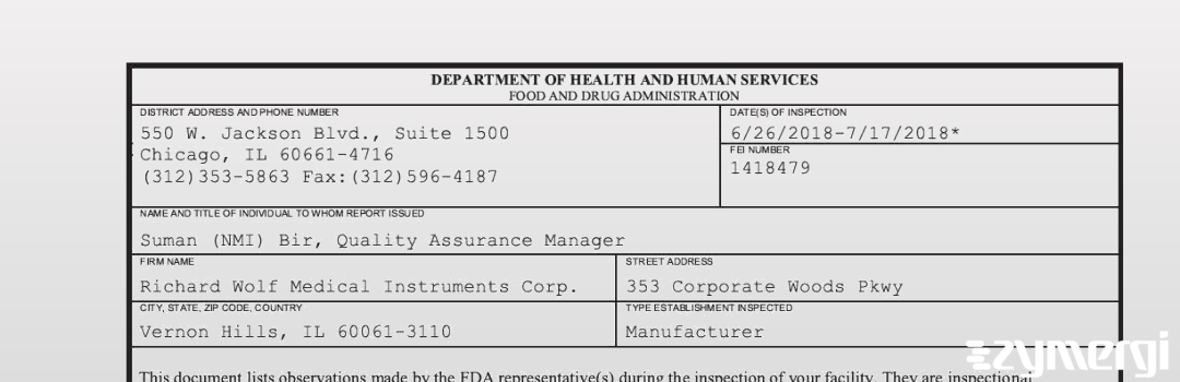 FDANews 483 Richard Wolf Medical Instruments Corp. Jul 17 2018 top