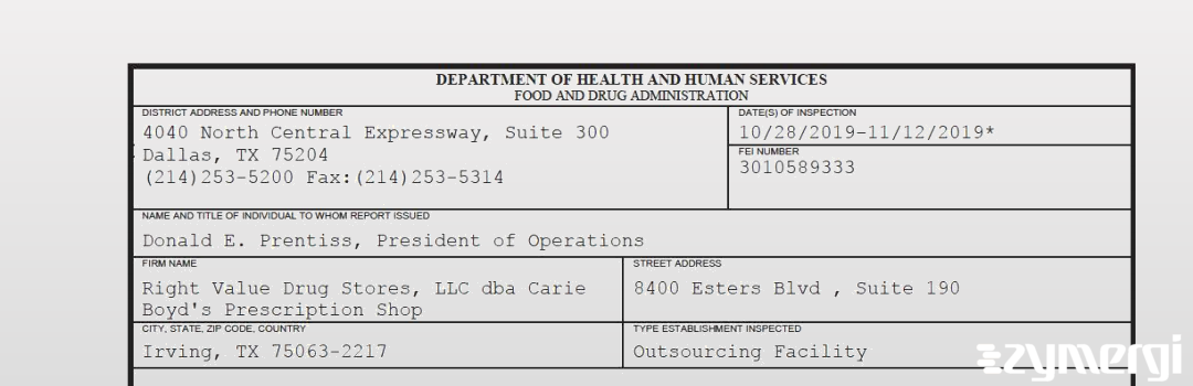 FDANews 483 Right Value Drug Stores, LLC dba Carie Boyd's Prescription Shop Nov 12 2019 top