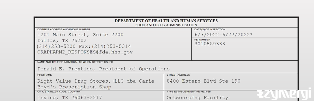 FDANews 483 Right Value Drug Stores, LLC dba Carie Boyd's Prescription Shop Jun 27 2022 top