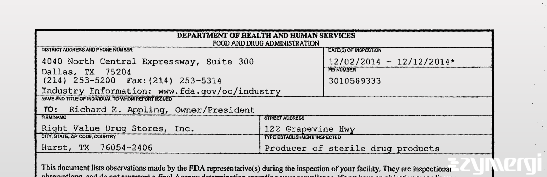 FDANews 483 Right Value Drug Stores, Inc. Dec 12 2014 top