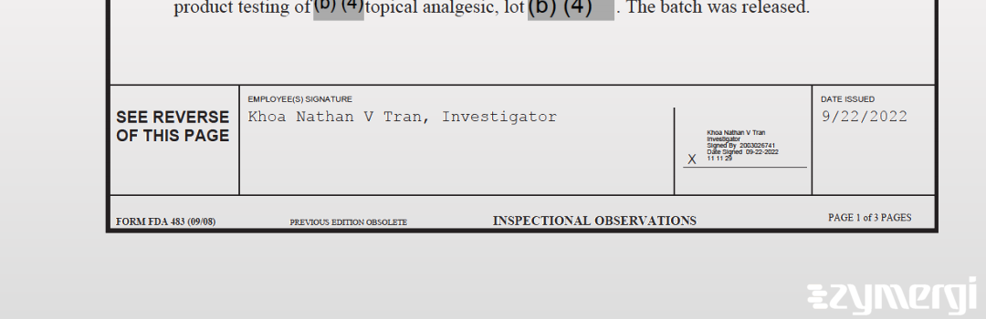 Khoa Nathan Tran FDA Investigator Tran, Khoa Nathan V FDA Investigator 