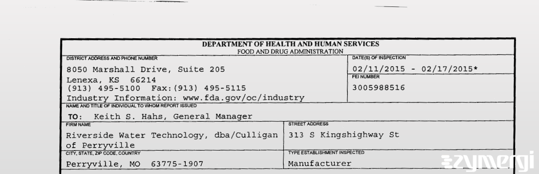 FDANews 483 Riverside Water Technology, Inc. dba Culligan of Perryville Feb 17 2015 top