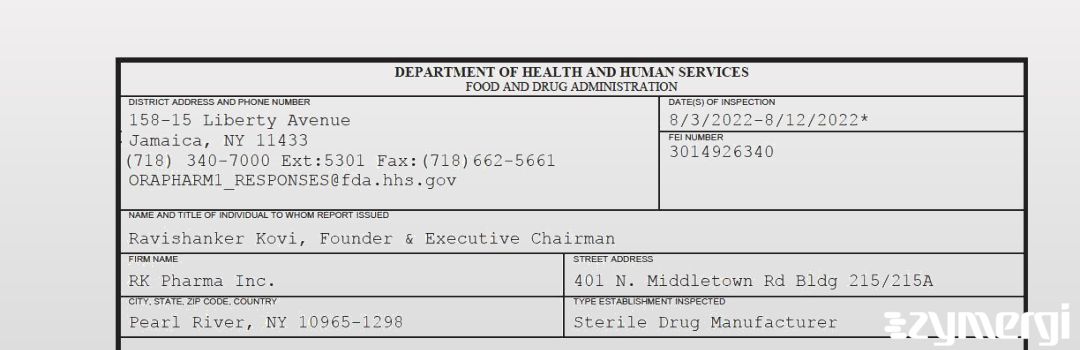 FDANews 483 RK Pharma Inc. Aug 12 2022 top