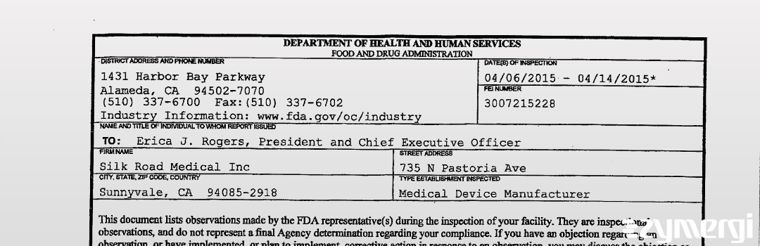 FDANews 483 Silk Road Medical Inc Apr 14 2015 top