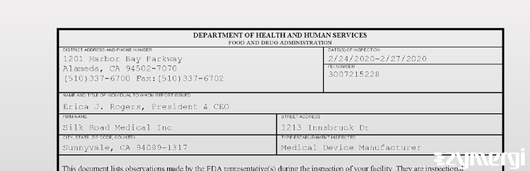 FDANews 483 Silk Road Medical Inc Feb 27 2020 top